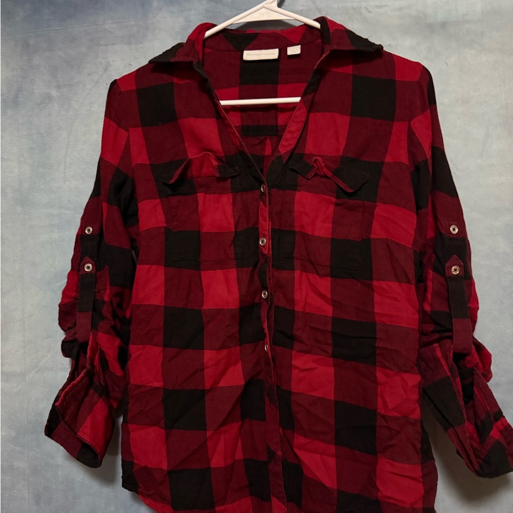 New York & Company Red and Black Plaid Shirt